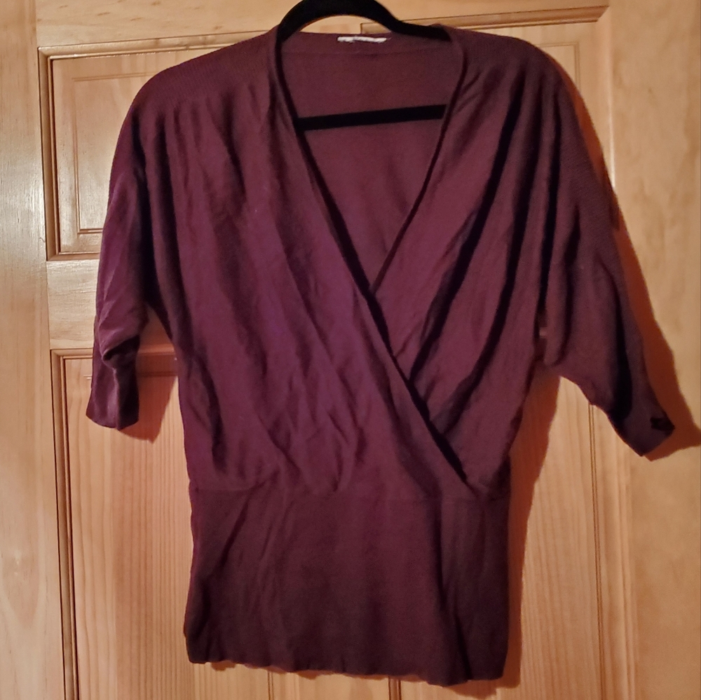 Purple Medium Gray LOFT Faux Wrap Sweater with Ruched Sleeves